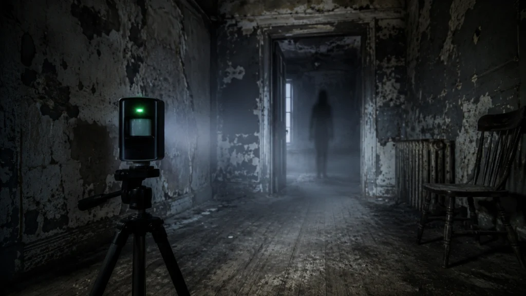 Motion sensor on a tripod facing a shadowy figure in an abandoned room