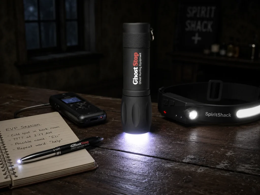 Flashlight set up on a table for a ghost hunting experiment