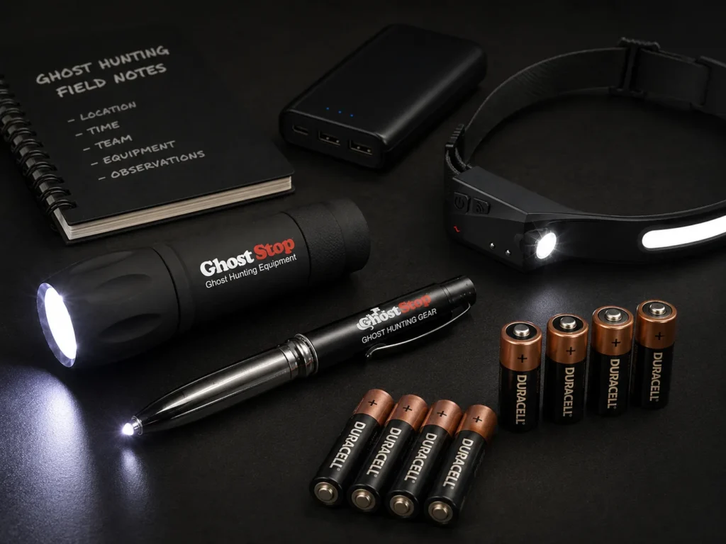Ghost hunting flashlights with spare batteries and backup equipment