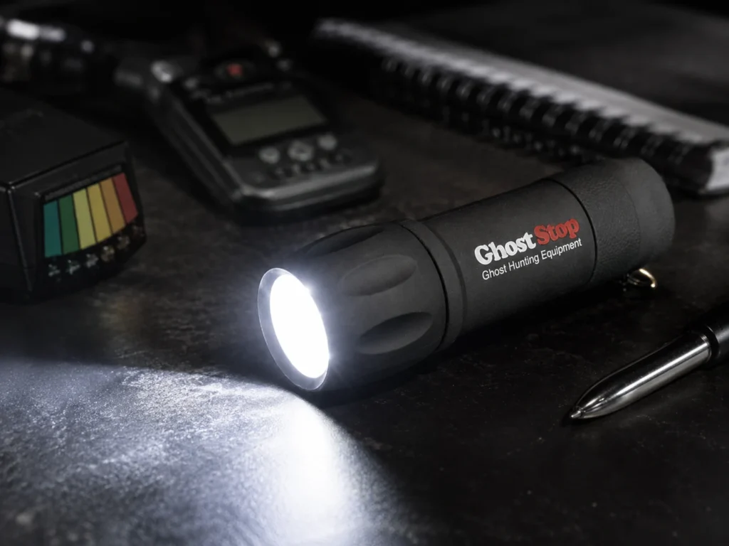 Ghost hunting flashlight beside paranormal investigation equipment