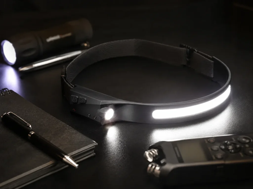 Hands-free headlamp with recorder and notebook for ghost hunting