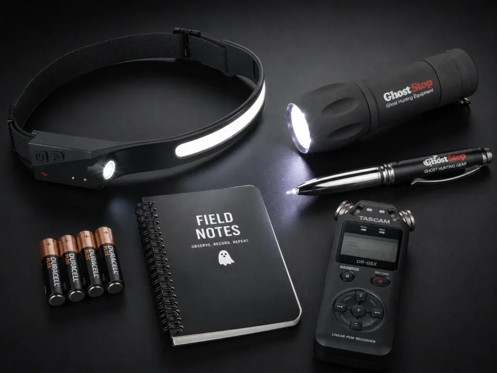 Ghost hunting lighting kit with flashlight, headlamp, pen light and batteries