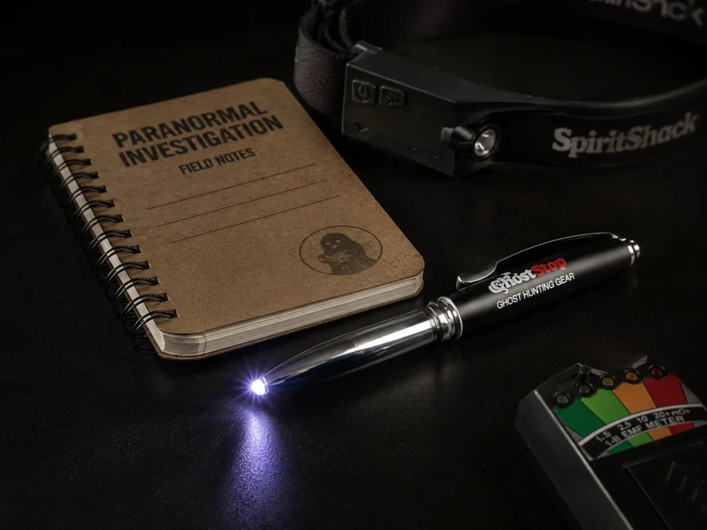 Ghost hunting pen light with paranormal investigation notebook and equipment