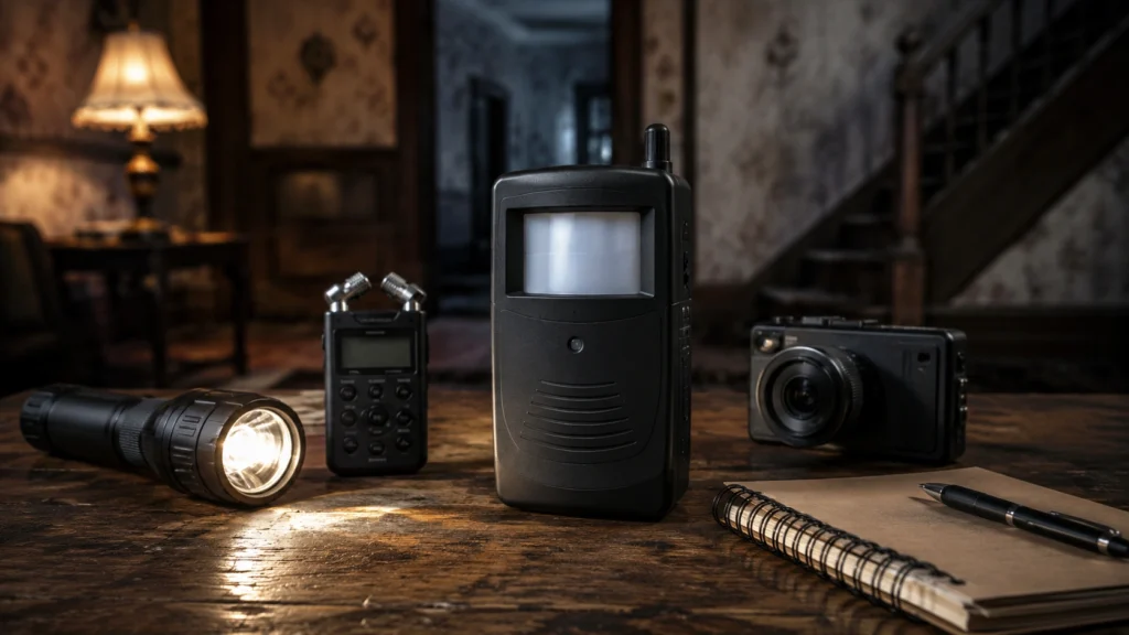 Ghost hunting motion sensor with camera, torch and recorder on a table in a haunted room