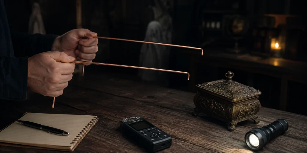 Dowsing rods used near an antique object during a haunted object investigation