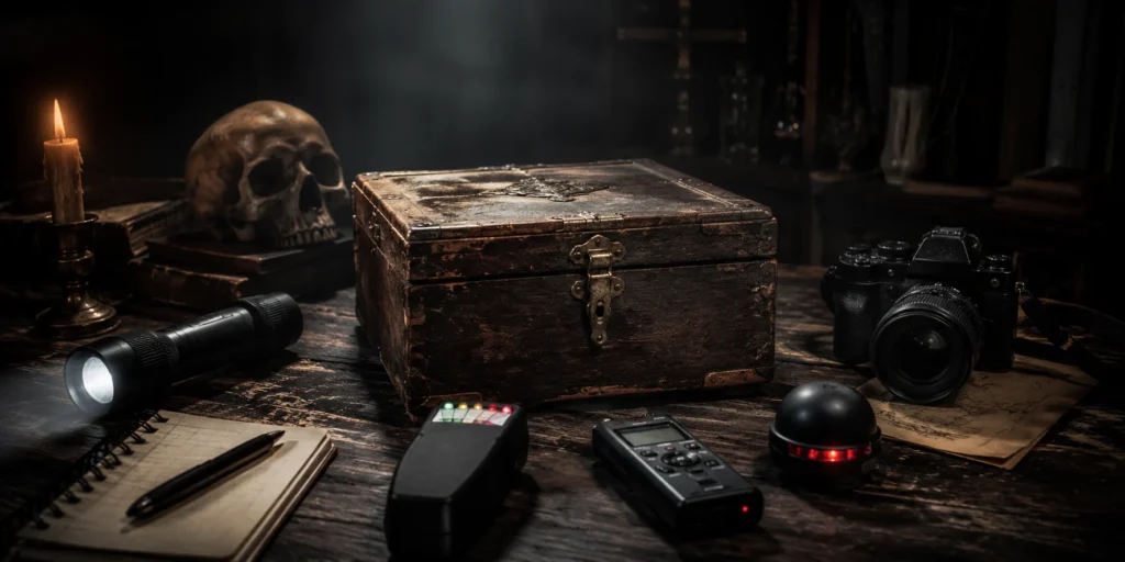 Haunted antique box investigation with EMF meter, recorder, camera and flashlight