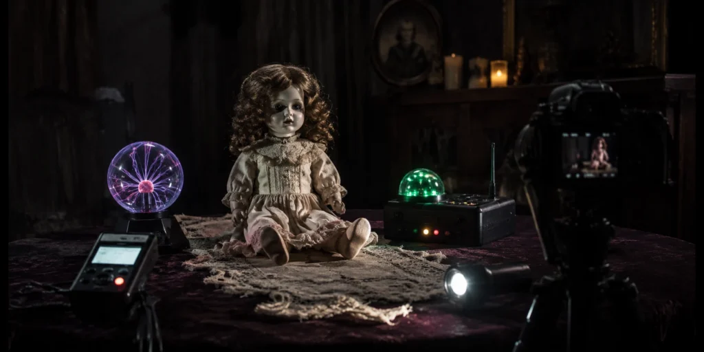 Haunted doll investigation setup with camera, recorder, flashlight and trigger tools