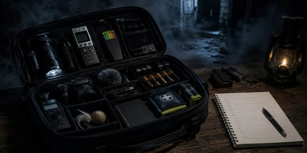 Packed paranormal investigation gear with flashlight, recorder, EMF meter, camera and checklist notebook