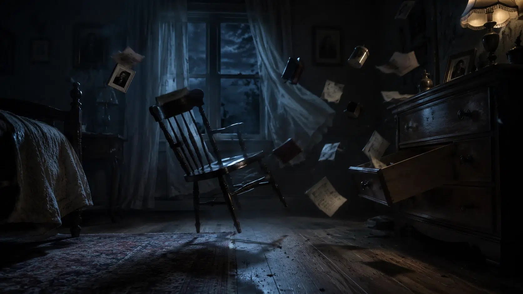 Poltergeist activity in a haunted room with objects moving and furniture disturbed