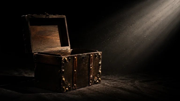 Antique Dybbuk box open in a beam of light representing haunted object folklore