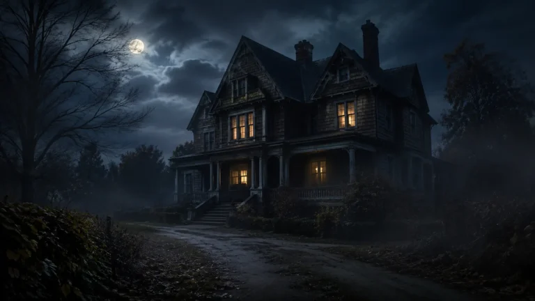 Haunted house at night with misty path and glowing windows