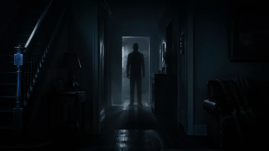 Shadow person standing in a dark hallway during a possible paranormal encounter