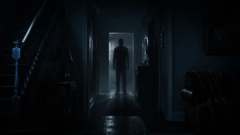Shadow person standing in a dark hallway during a possible paranormal encounter