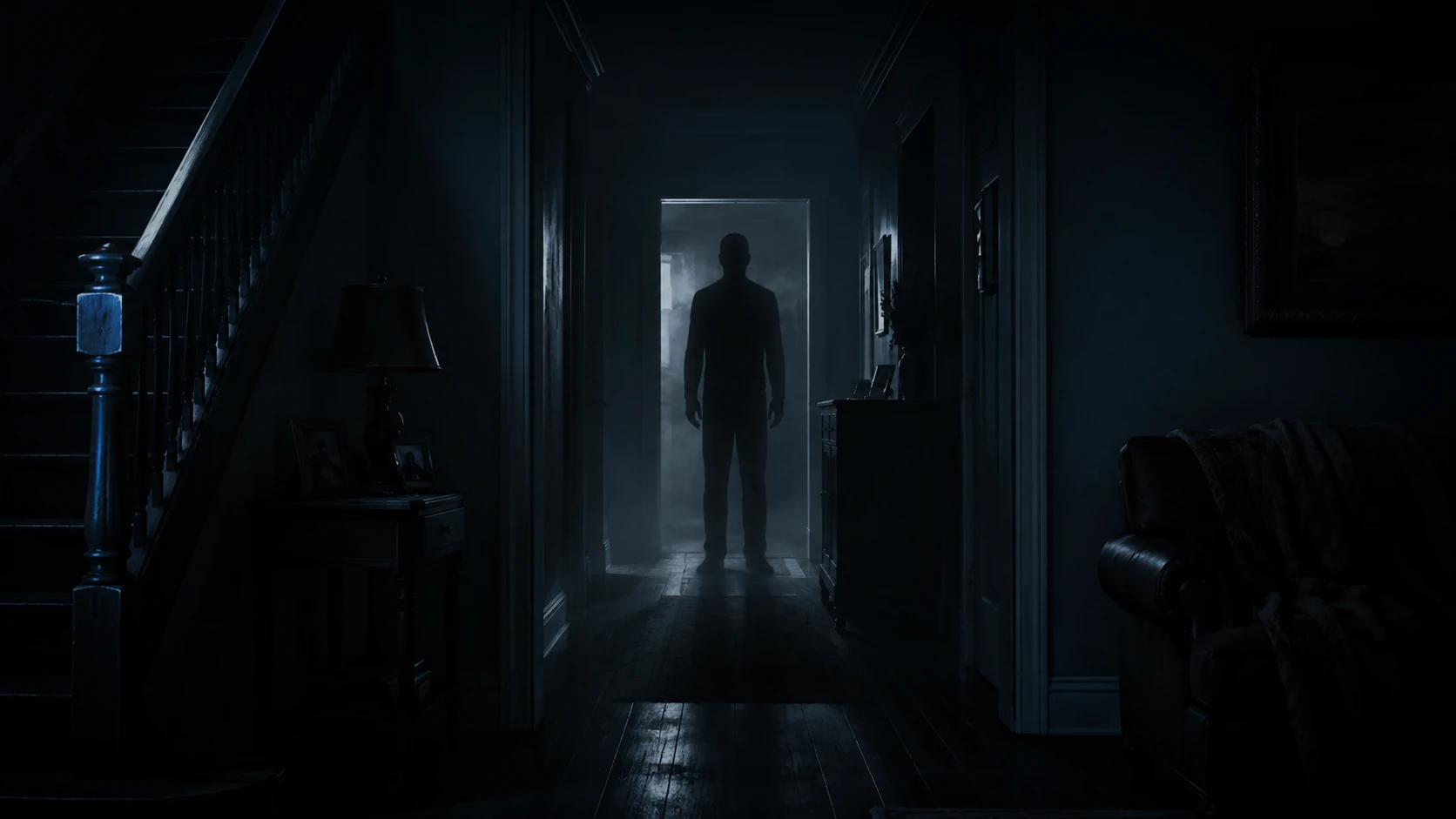 Shadow person standing in a dark hallway during a possible paranormal encounter