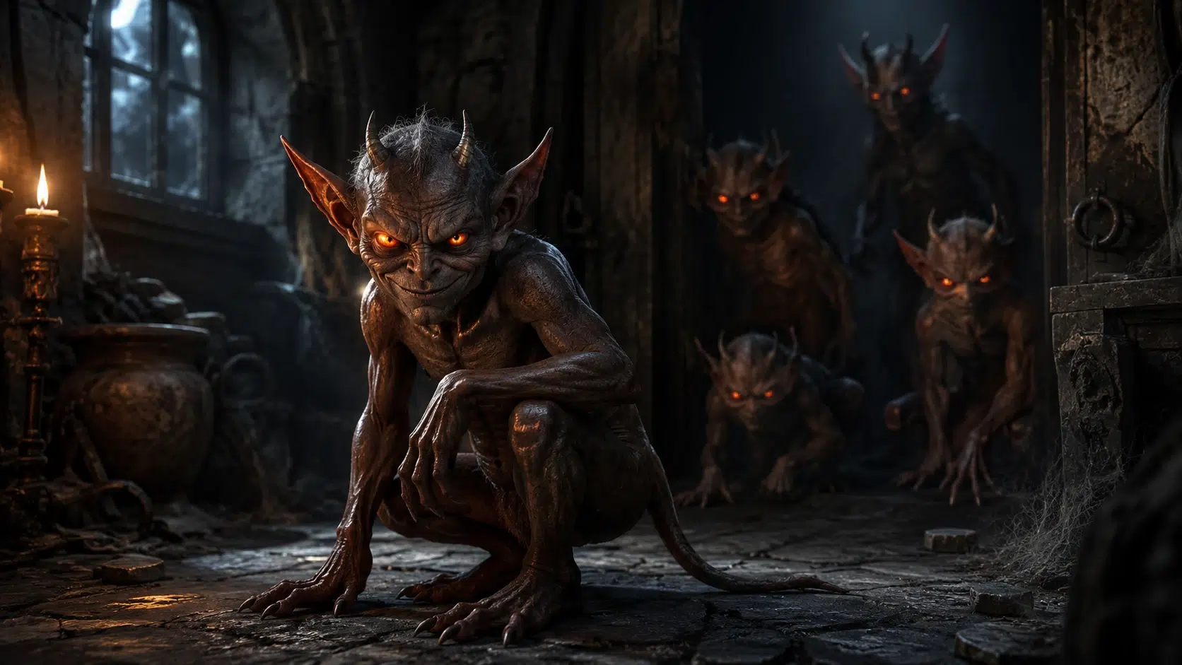 Imp-like trickster entities in a haunted room during a paranormal investigation