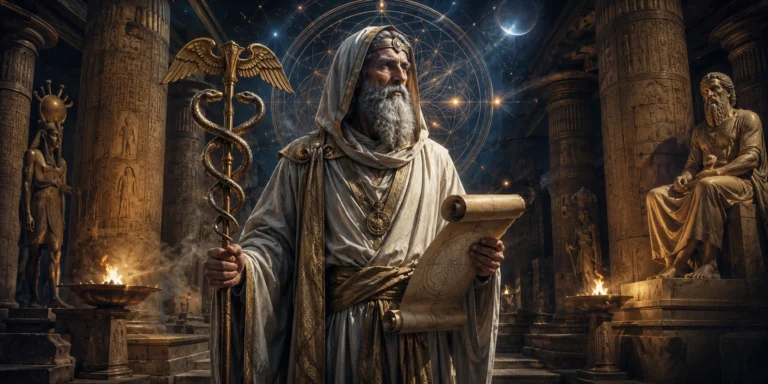 Hermes Trismegistus in an ancient temple surrounded by sacred symbols and mystical light