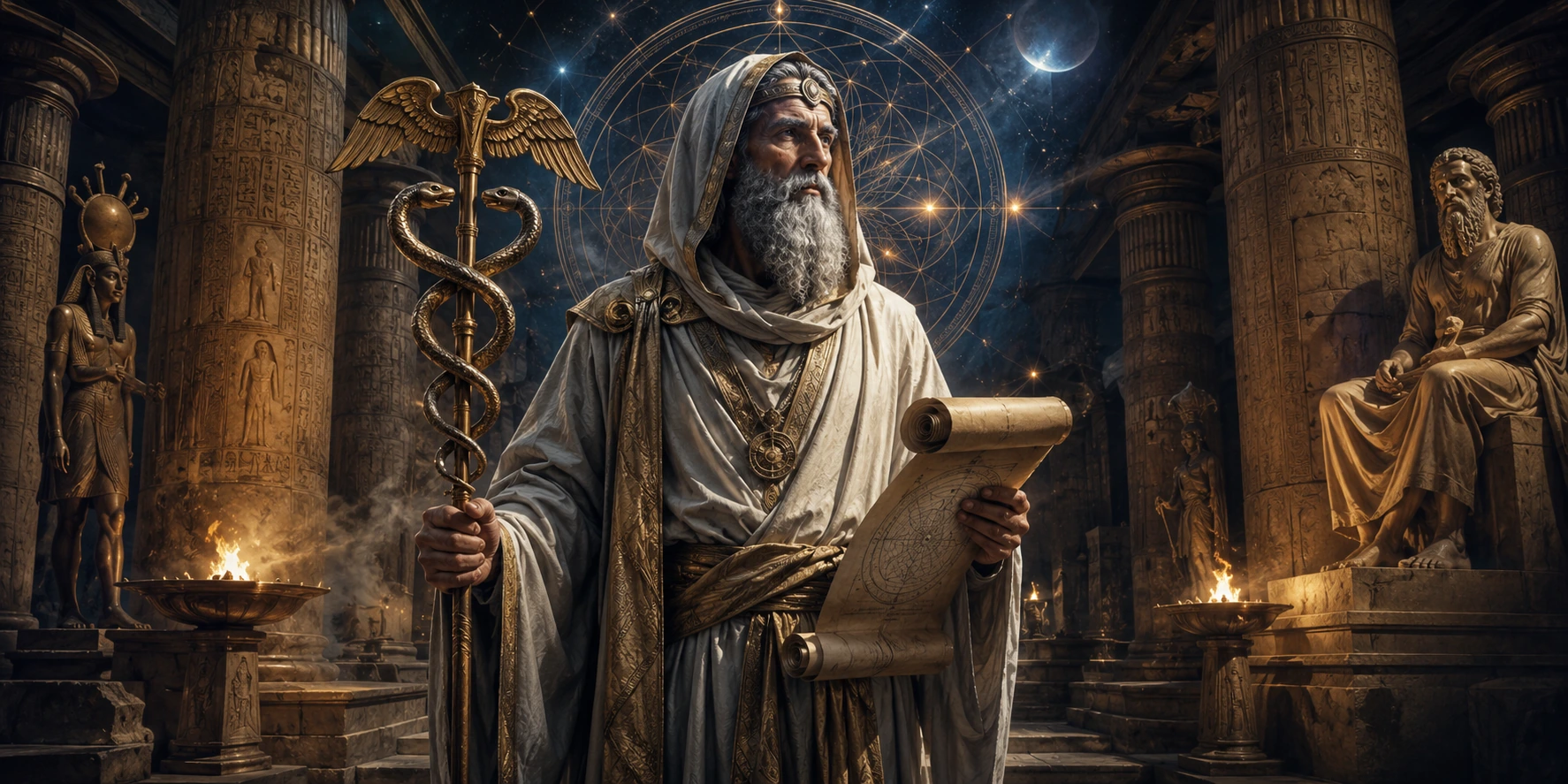 Hermes Trismegistus in an ancient temple surrounded by sacred symbols and mystical light