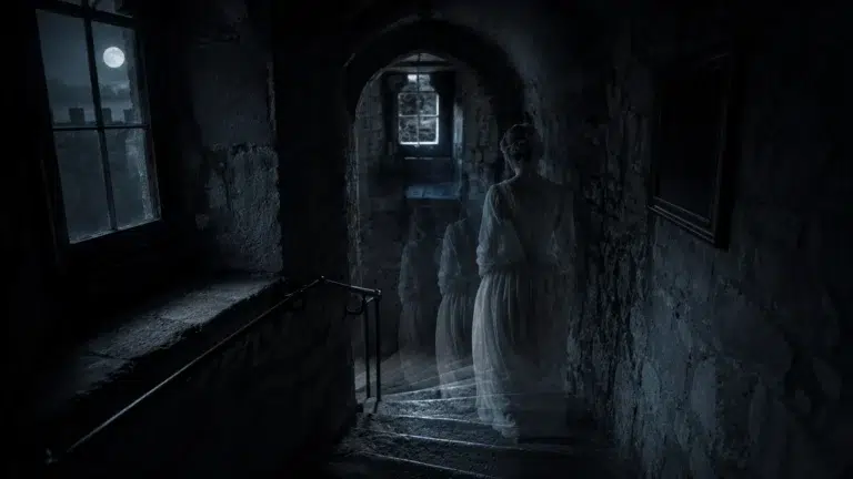 Ghostly figure in a moonlit corridor representing a residual haunting replaying past events