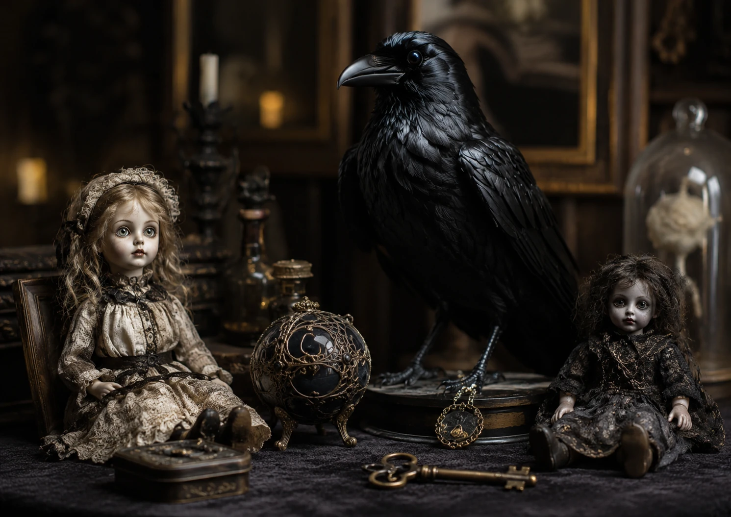 Haunted objects including antique dolls, a black raven figure and eerie occult curiosities