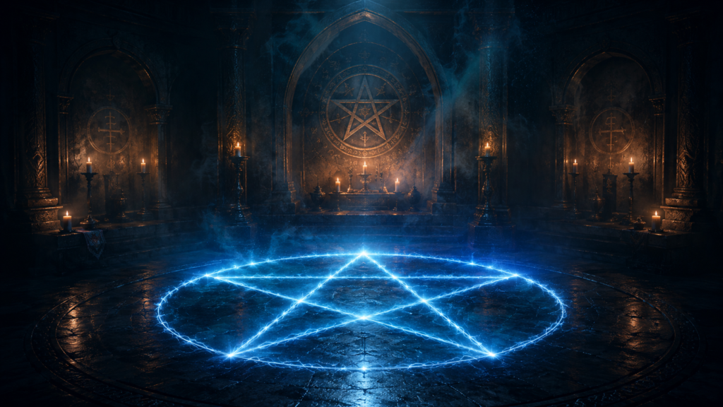Pentagram Drawn on the flaw in Blue flames.