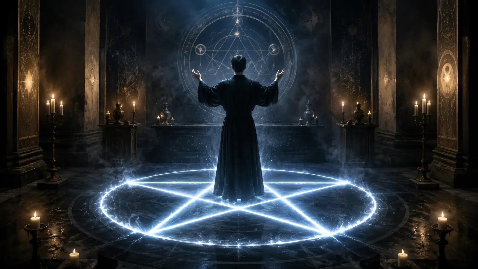 Lesser Banishing Ritual of the Pentagram being performed in a candlelit ceremonial magic temple