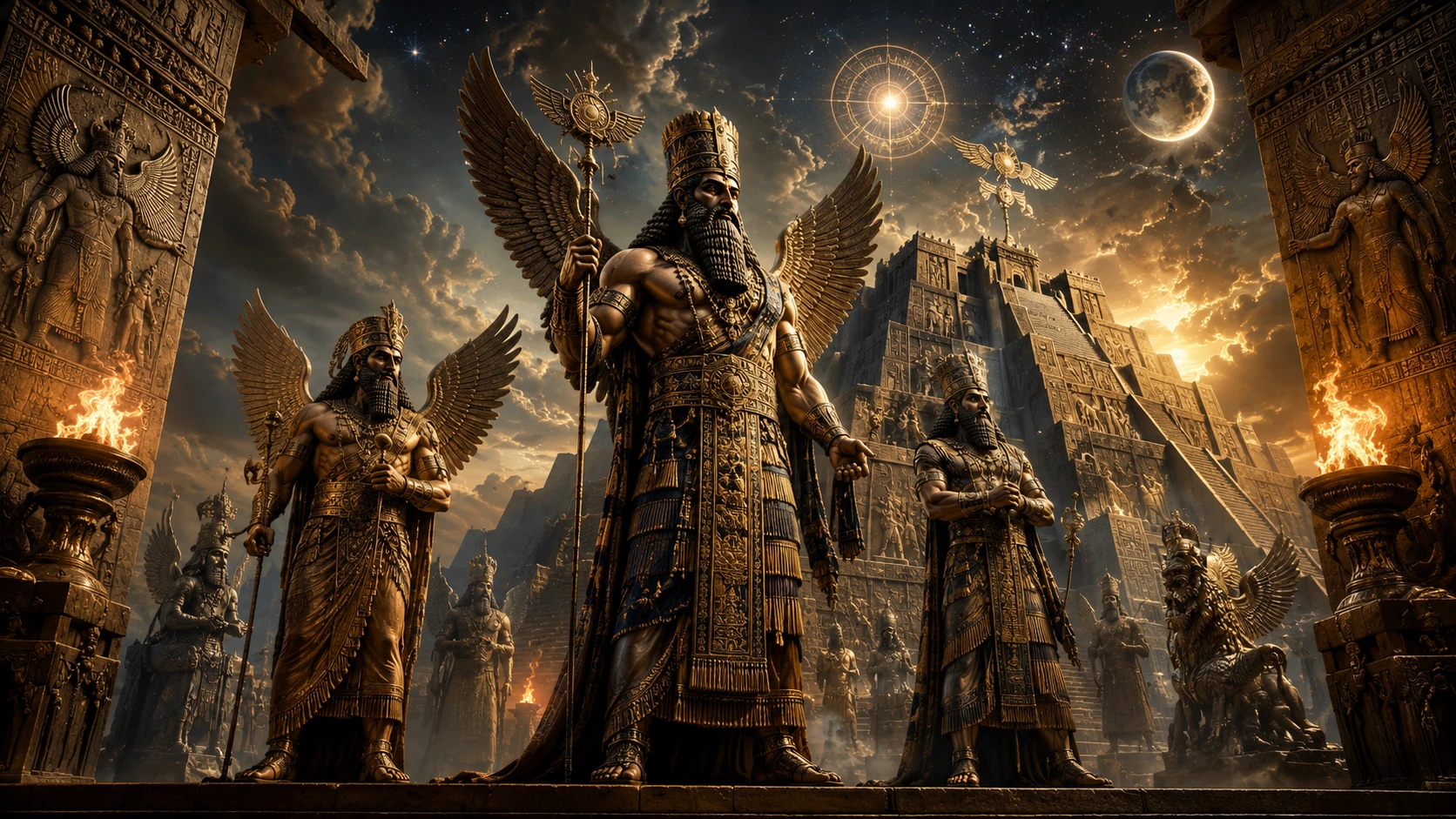 Anunnaki gods standing before an ancient Sumerian temple under a celestial sky