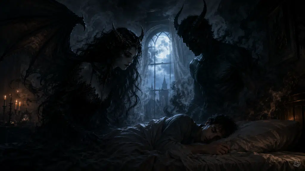 Succubus and Incubus hanging over a sleeping person