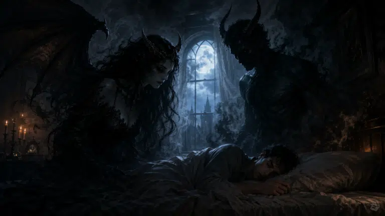 Succubus and Incubus hanging over a sleeping person