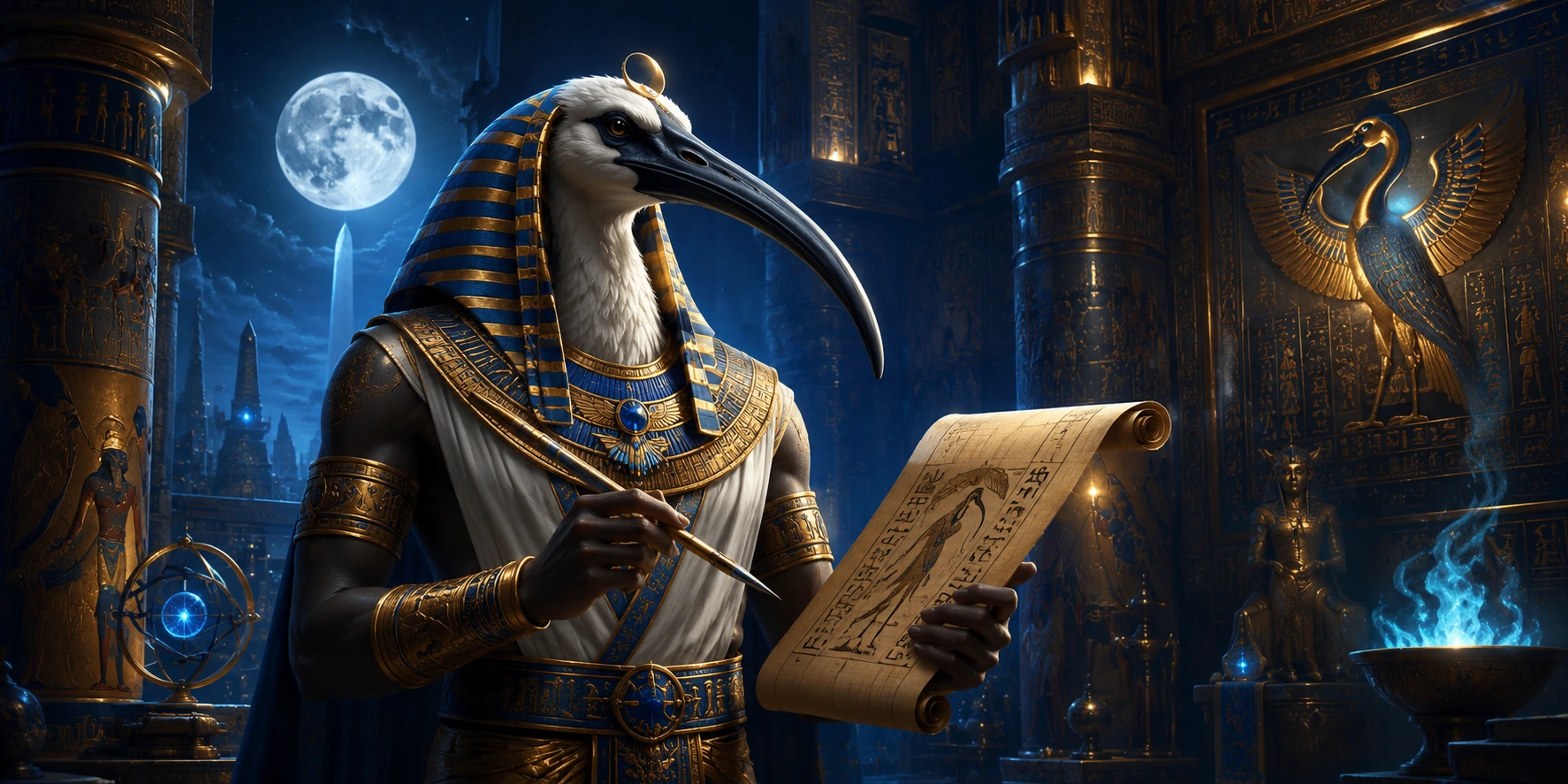 Thoth the Egyptian god of wisdom holding a scroll in a moonlit temple
