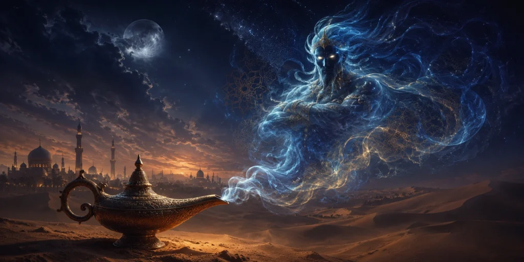 Djinn spirit rising from a lamp above a desert city under a moonlit sky