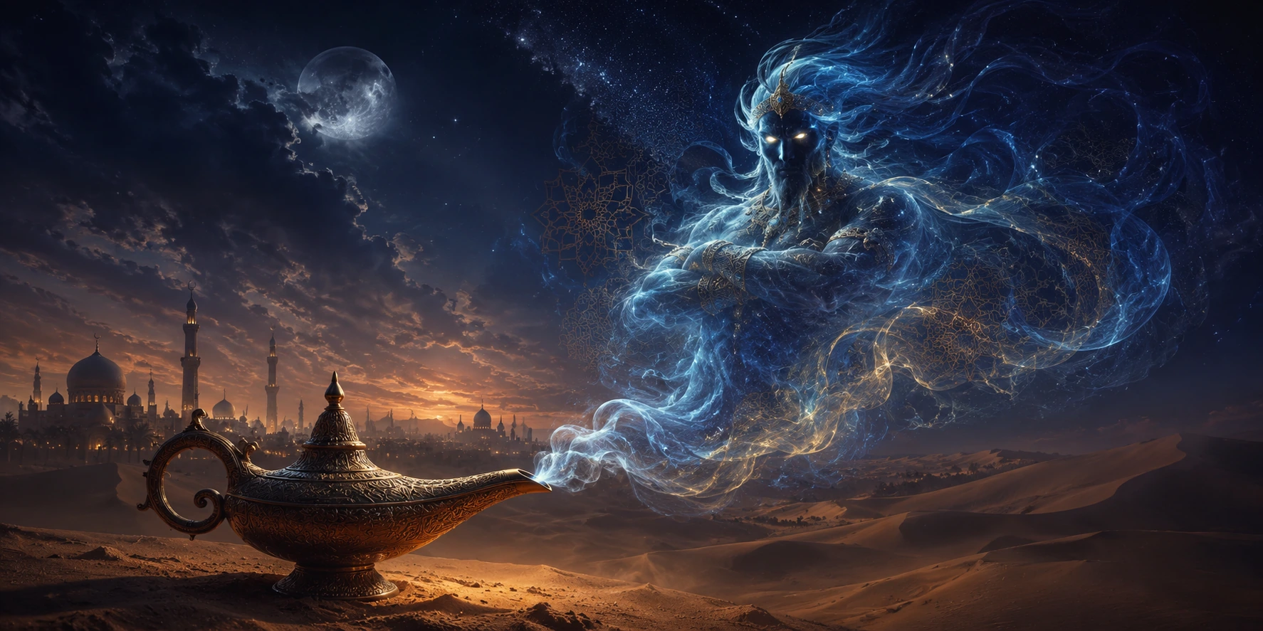 Djinn spirit rising from a lamp above a desert city under a moonlit sky