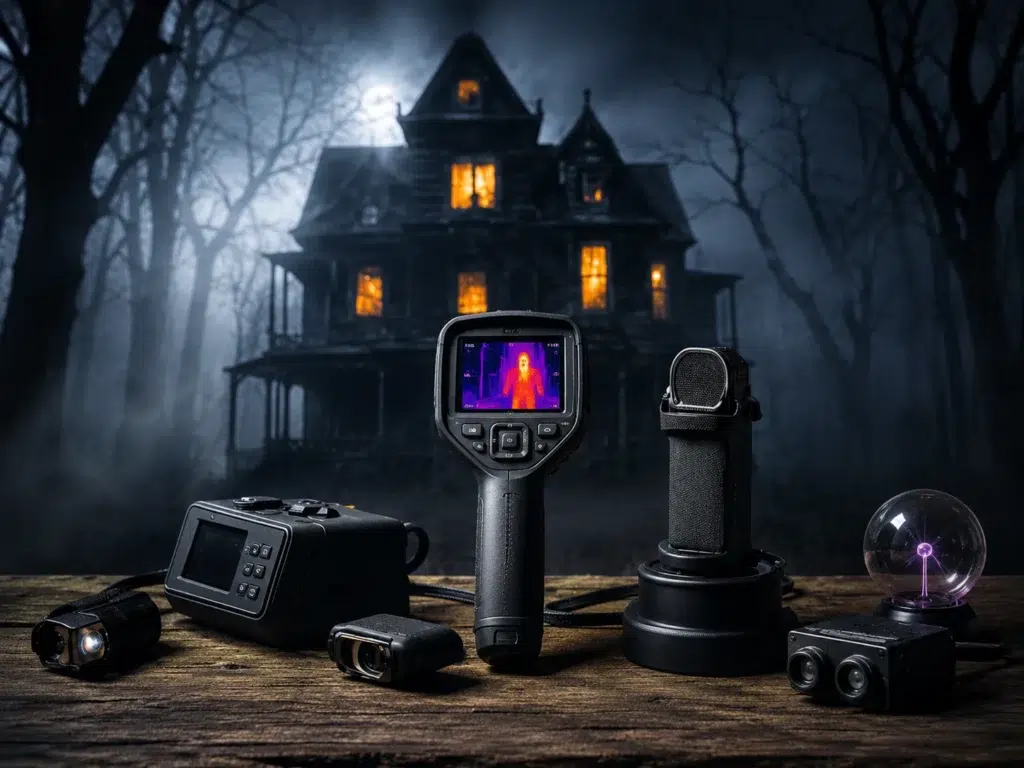 Ghost hunting equipment setup with thermal camera outside a haunted house