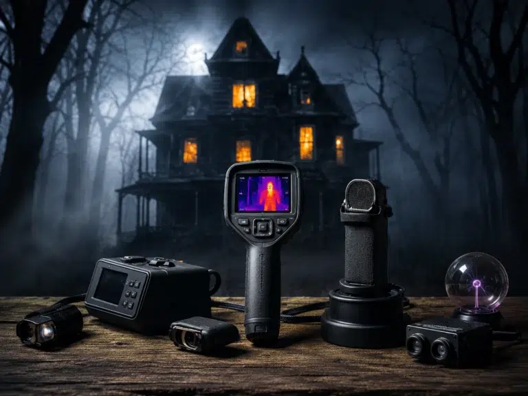 Ghost hunting equipment setup with thermal camera outside a haunted house