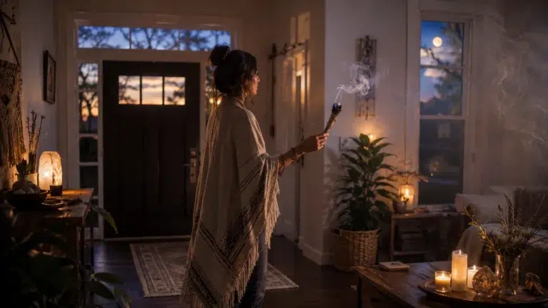 Person smudging a home with sage to cleanse negative energy and create a calm space