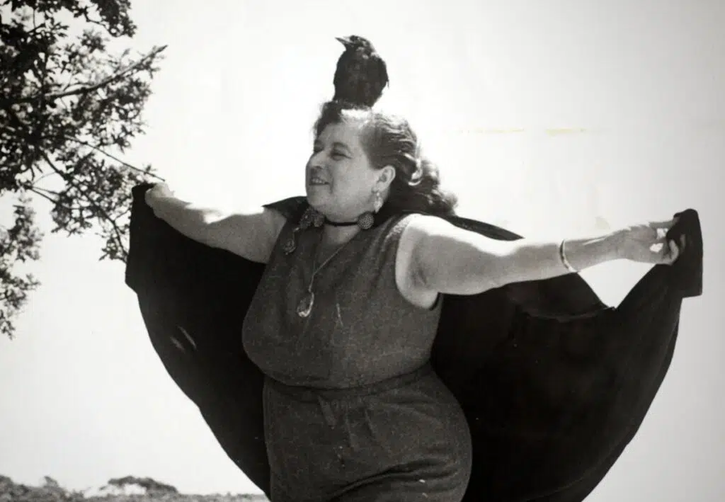 Photo of Sybil Leek and her pet familiar jackdaw