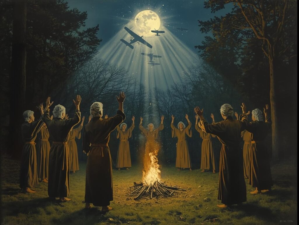 The Cone of Power Ritual__A moonlit clearing deep in the New Forest, 1940. A circle of witches, both men and women of older age, dance skyclad around a single fire burning on the ground. Their hands are raised as a
