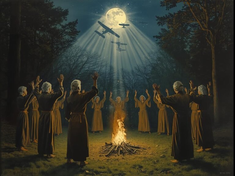 The Cone of Power Ritual__A moonlit clearing deep in the New Forest, 1940. A circle of witches, both men and women of older age, dance skyclad around a single fire burning on the ground. Their hands are raised as a