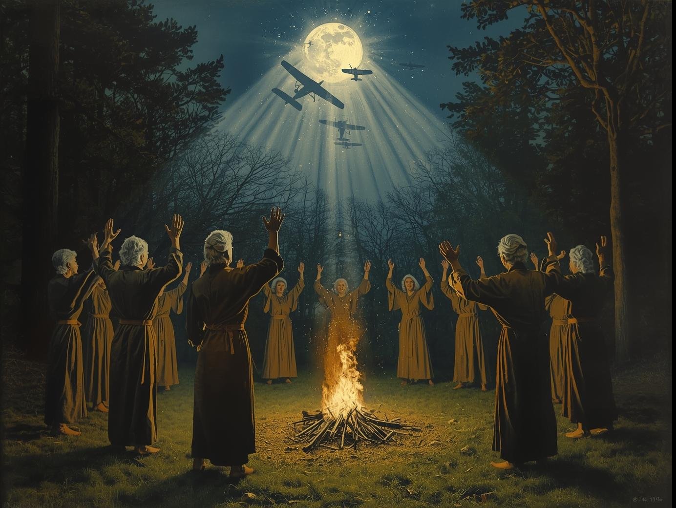 The Cone of Power Ritual__A moonlit clearing deep in the New Forest, 1940. A circle of witches, both men and women of older age, dance skyclad around a single fire burning on the ground. Their hands are raised as a