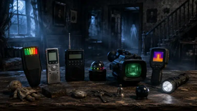 Ghost hunting equipment set up in a haunted room, including EMF meter, recorder, night vision camera and thermal camera