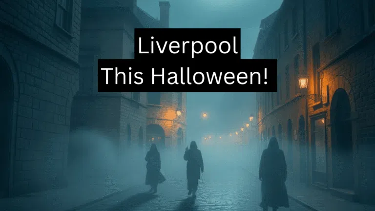 image of ghosts in Liverpool walking down a street, dark theme, foggy