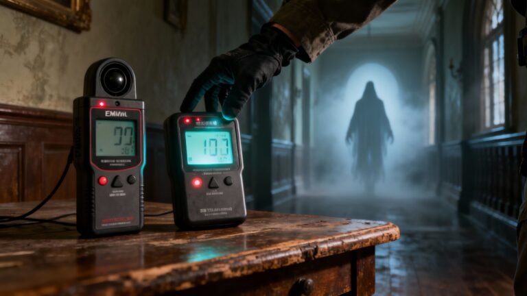 Best EMF Metres for Ghost Hunting, EMF Metres next to a ghostly figure