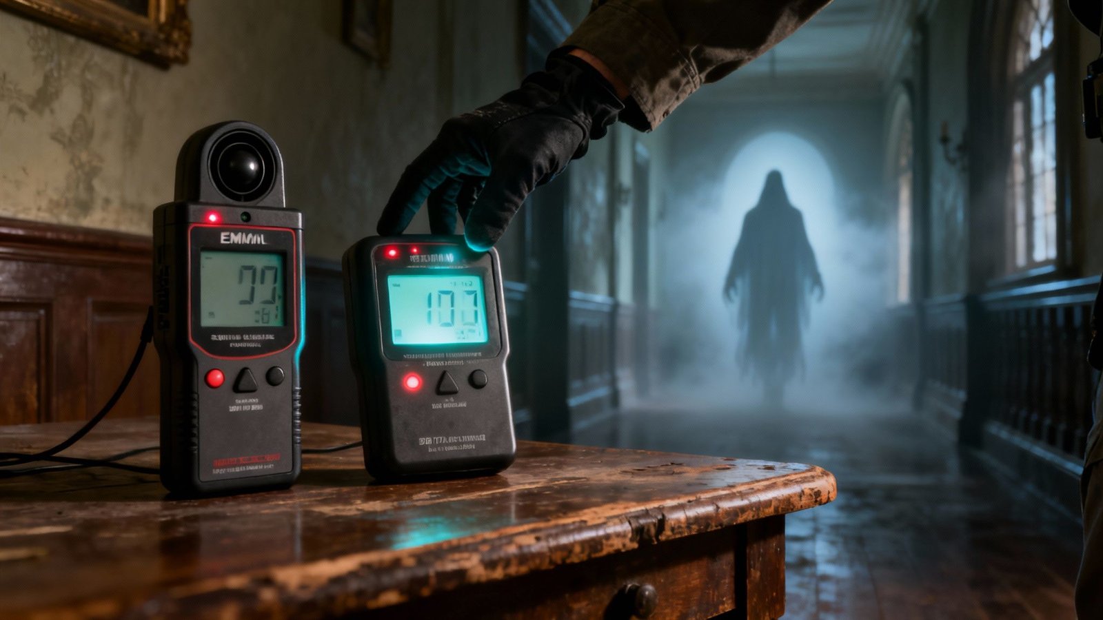 Best EMF Metres for Ghost Hunting, EMF Metres next to a ghostly figure