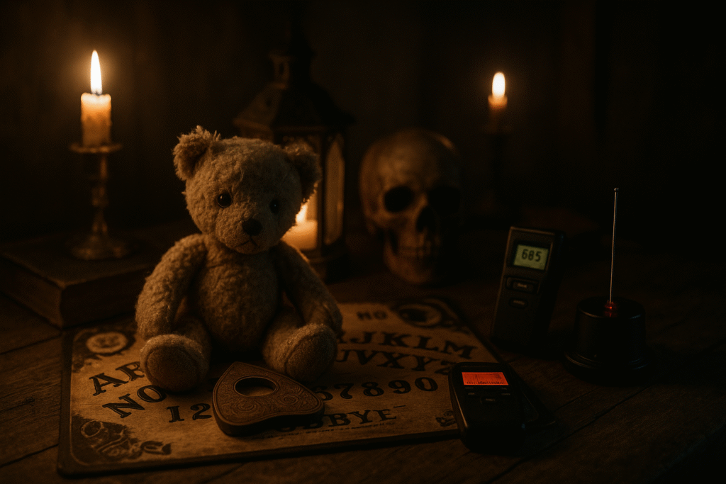 teddy bear, Candle, Skull, Ouija and EMF on a table in a dark room. representing Trigger Objects in Ghost hunting