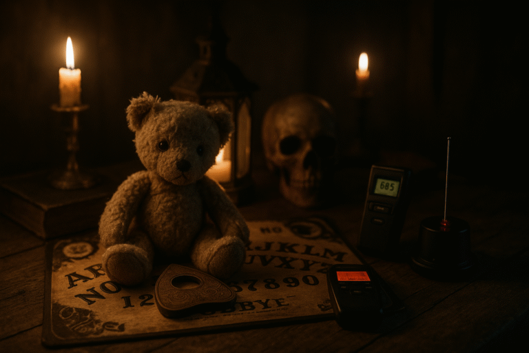 teddy bear, Candle, Skull, Ouija and EMF on a table in a dark room. representing Trigger Objects in Ghost hunting