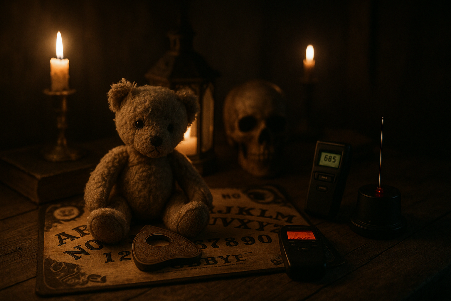 teddy bear, Candle, Skull, Ouija and EMF on a table in a dark room. representing Trigger Objects in Ghost hunting
