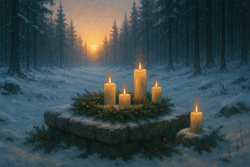 Snow Scene with candles at an alter in the snow