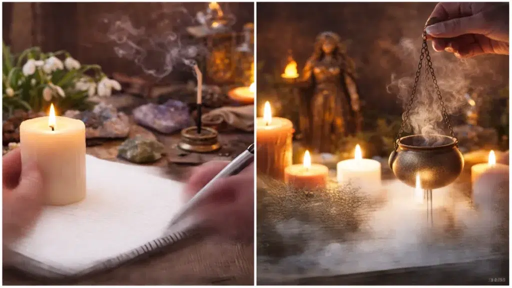 Image of an Imbolc Alter with smoke and a cauldron