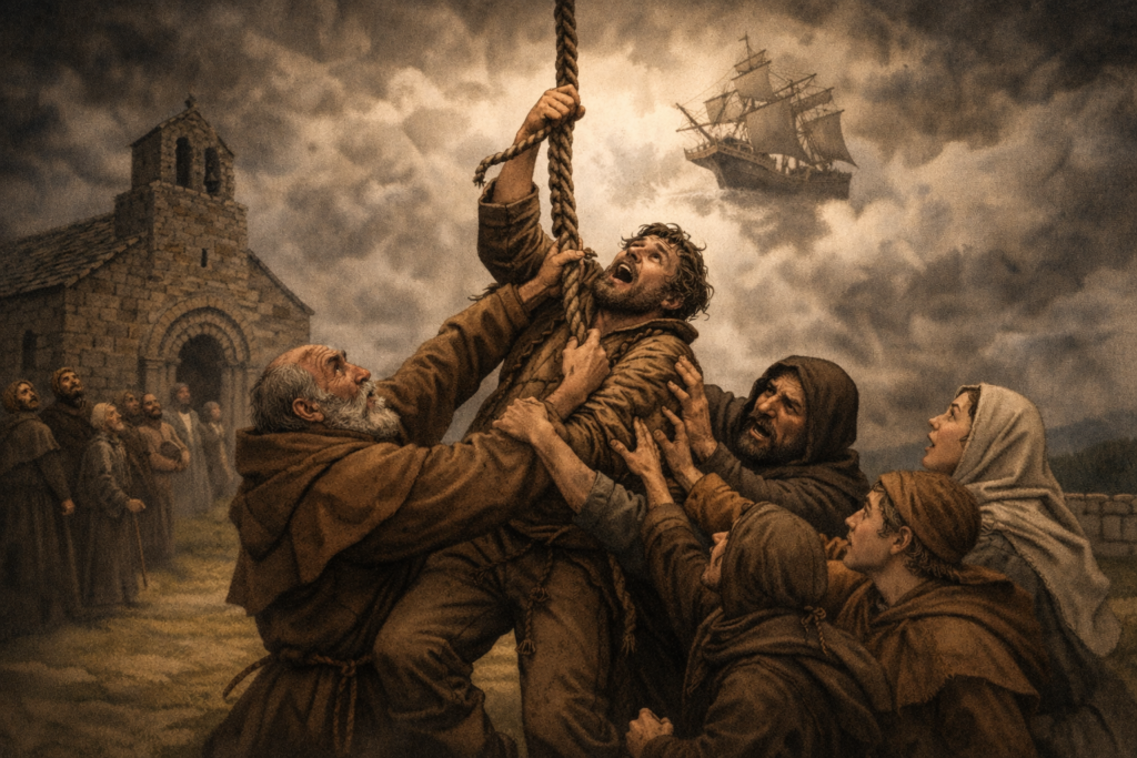 Sailor Climbing down a rope from the sky