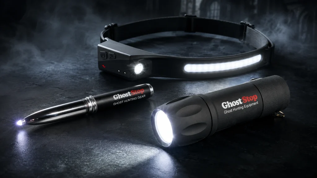 Ghost hunting flashlight, pen light and headlamp on a dark surface