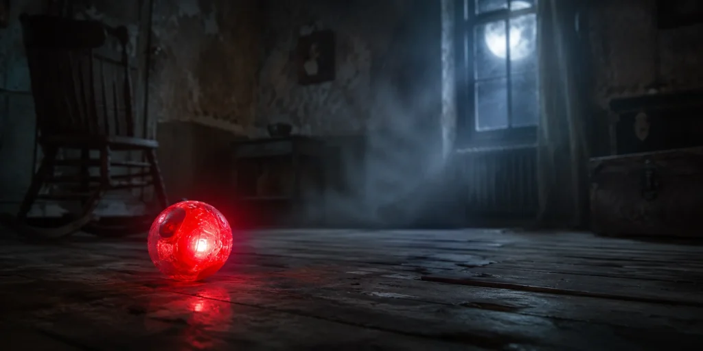 Glowing cat ball used for ghost hunting on the floor of a dark haunted room